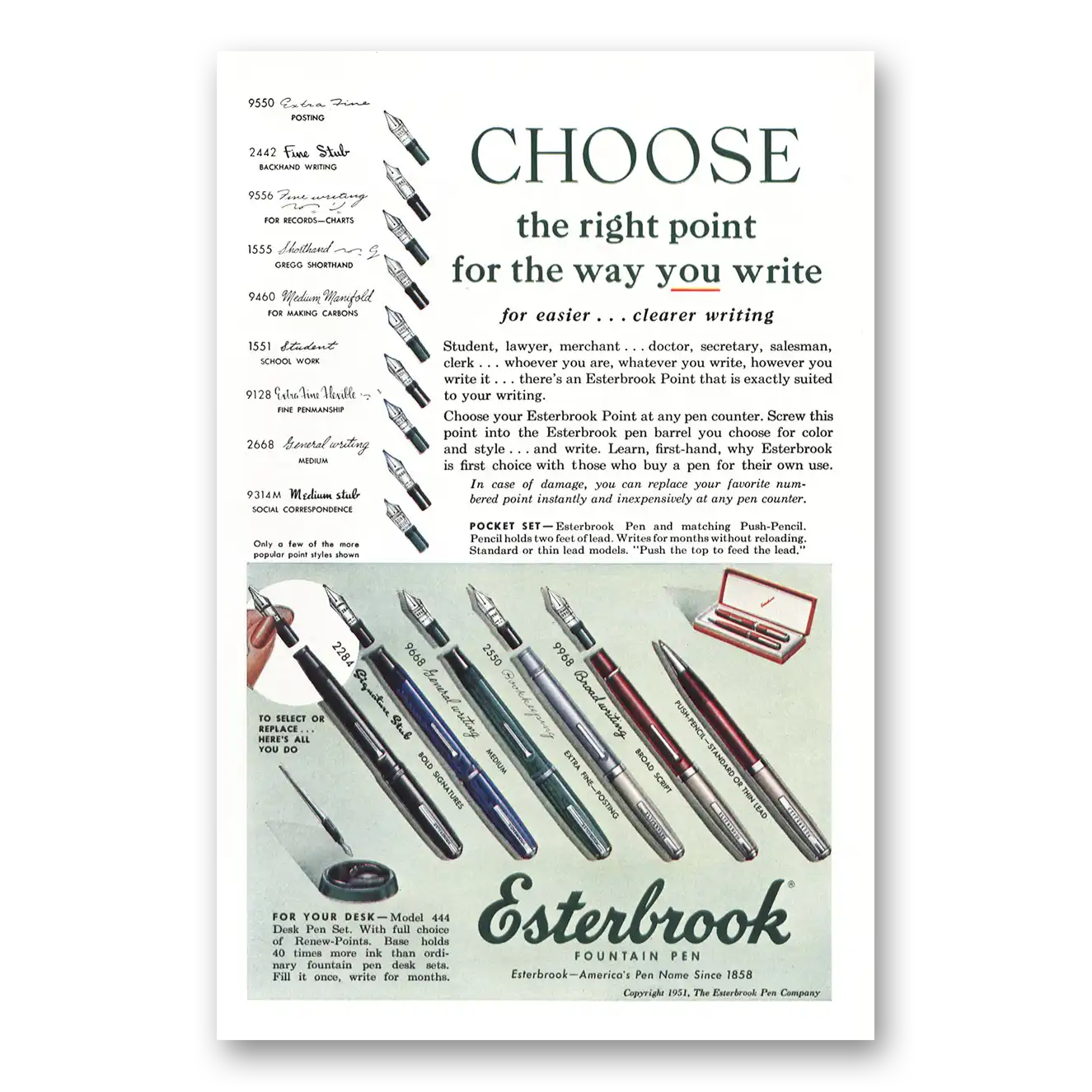 1951 Esterbrook Fountain Pen Choose the Right Point Vintage Magazine Print Ad