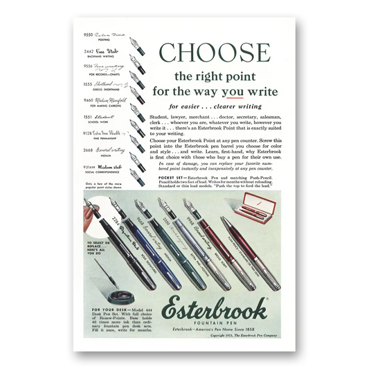 1951 Esterbrook Fountain Pen Choose the Right Point Vintage Magazine Print Ad