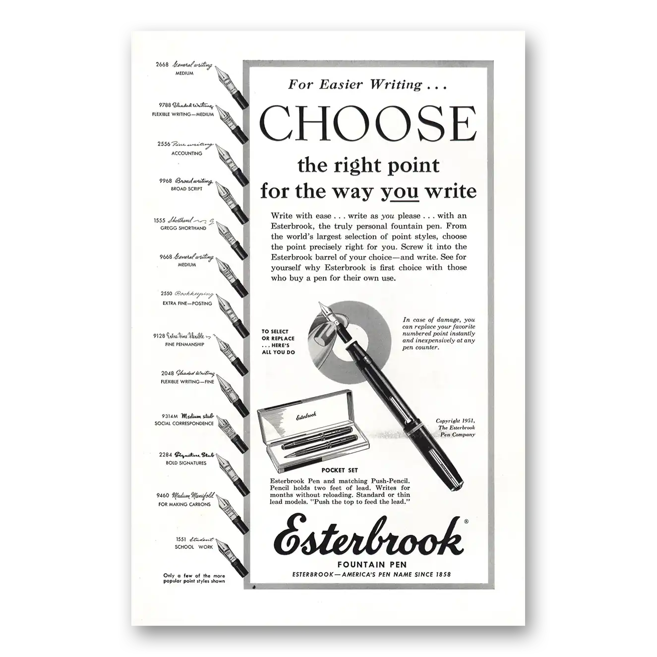 1951 Esterbrook Fountain Pen Choose the Right Point Vintage Magazine Print Ad