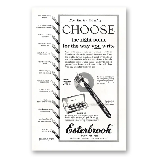 1951 Esterbrook Fountain Pen Choose the Right Point Vintage Magazine Print Ad