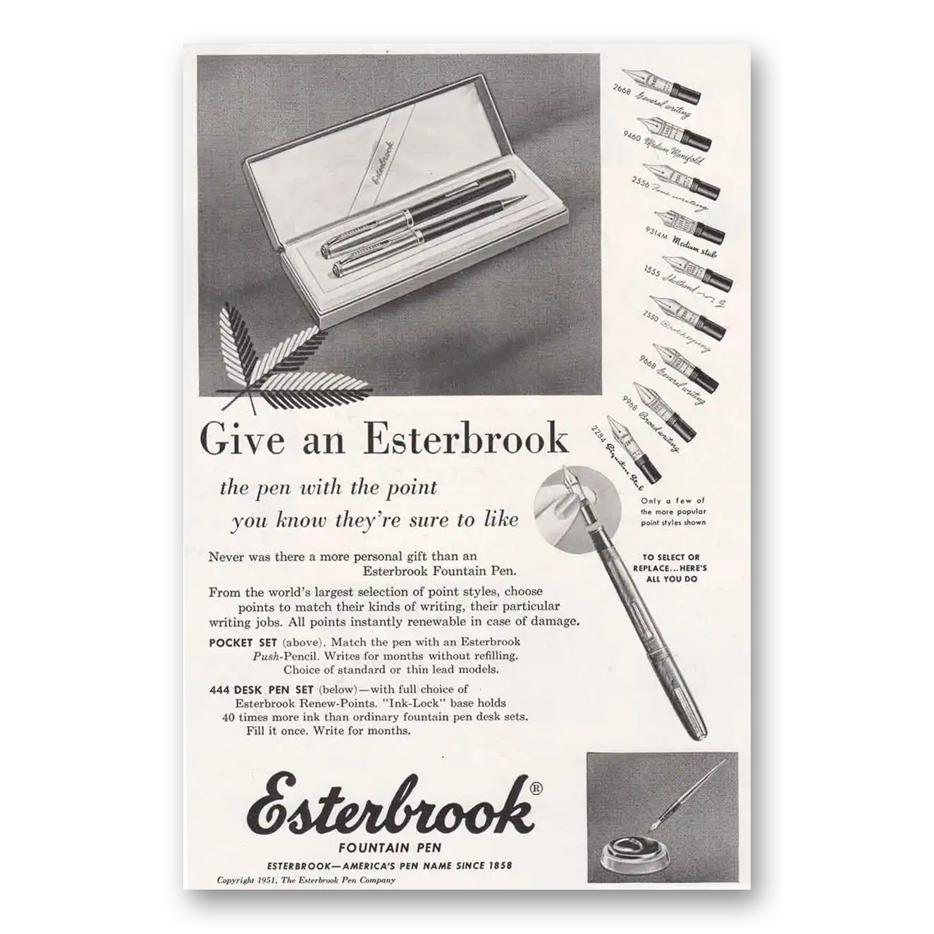 1951 Esterbrook Fountain Pen Pen with the Point Vintage Magazine Print Ad