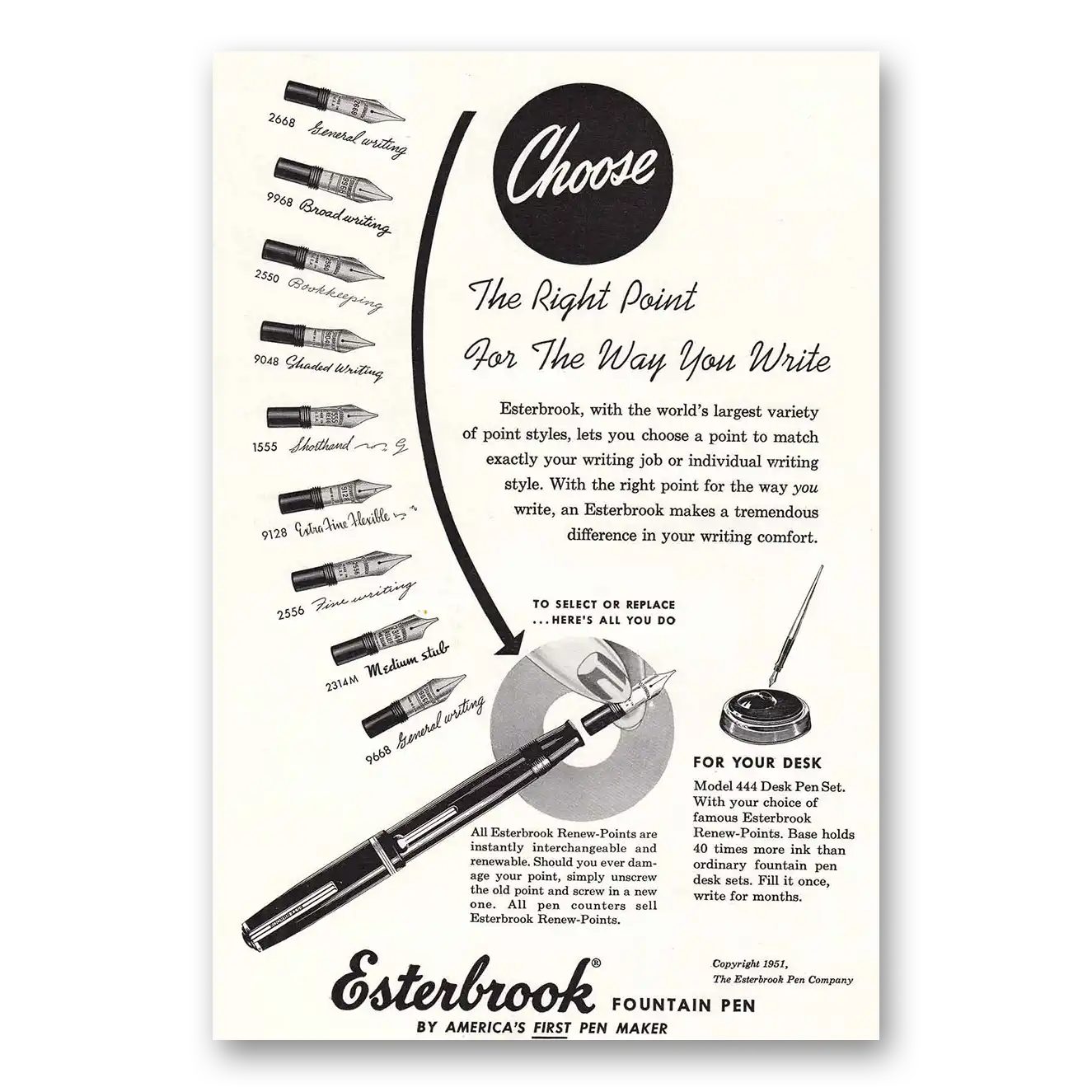 1951 Esterbrook Fountain Pen Right Point Vintage Magazine Print Ad