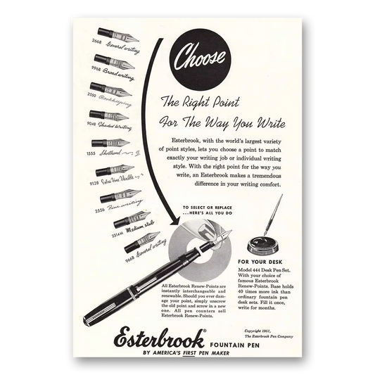 1951 Esterbrook Fountain Pen Right Point Vintage Magazine Print Ad