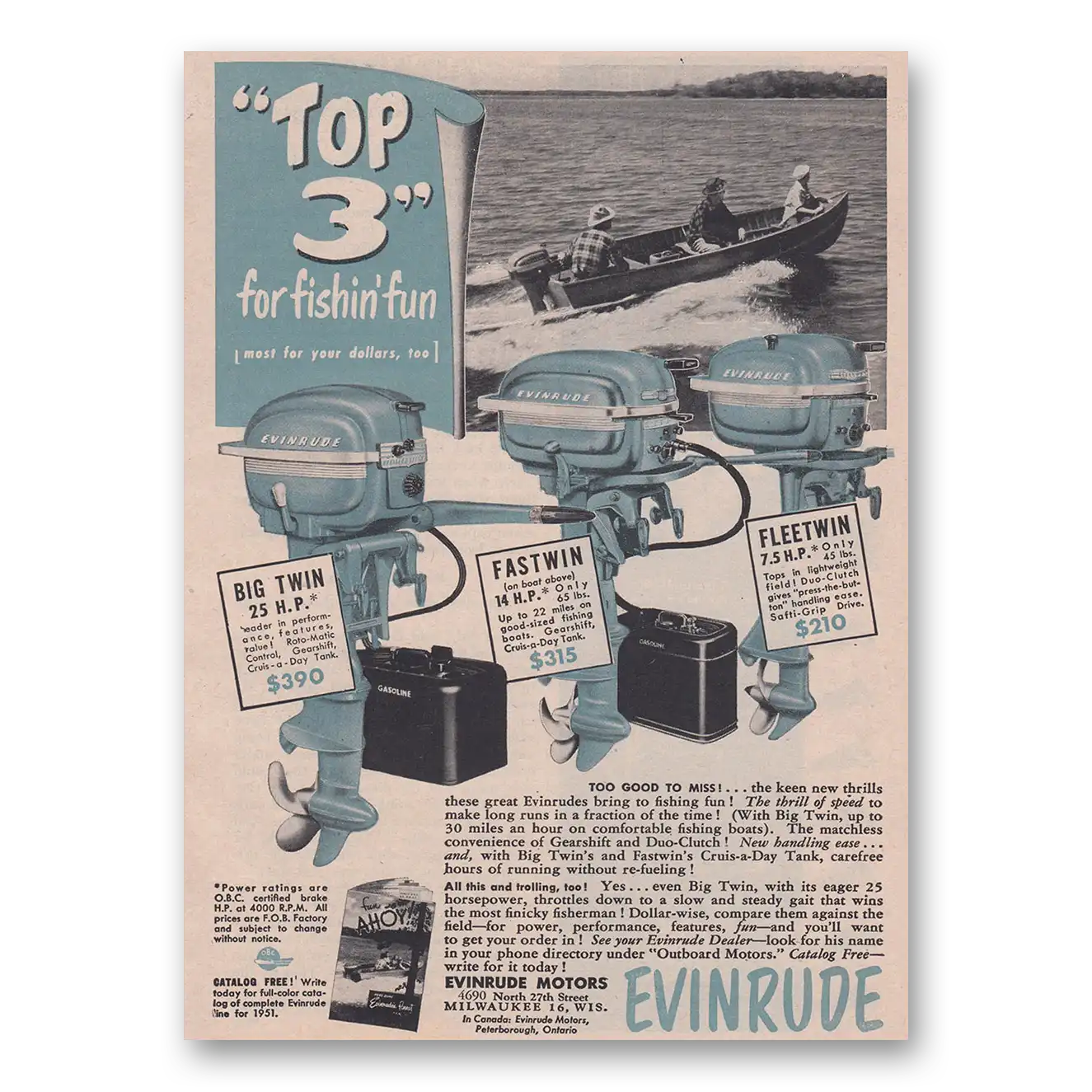 1951 Evinrude Top 3 for Fishin Fun Vintage Magazine Print Ad