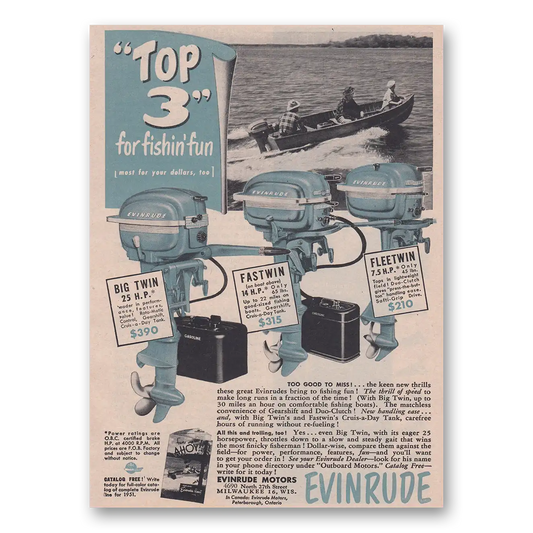 1951 Evinrude Top 3 for Fishin Fun Vintage Magazine Print Ad