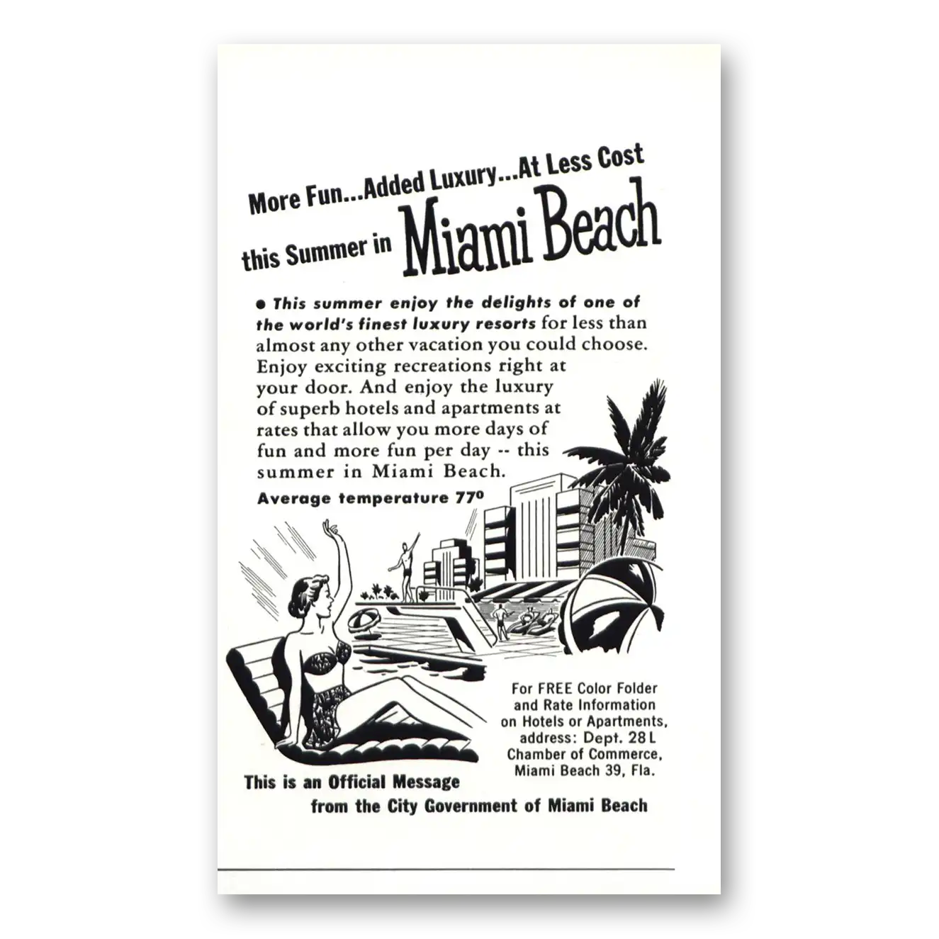 1951 Miami Beach Florida More Fun Added Luxury Vintage Magazine Print Ad