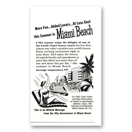 1951 Miami Beach Florida More Fun Added Luxury Vintage Magazine Print Ad