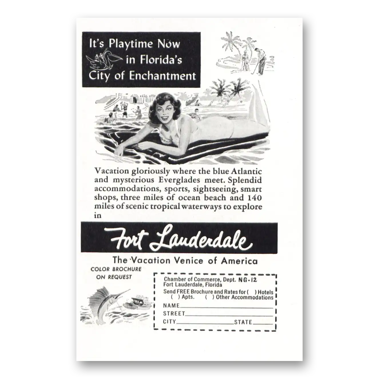 1951 Fort Lauderdale Florida Playtime Now Vintage Magazine Print Ad