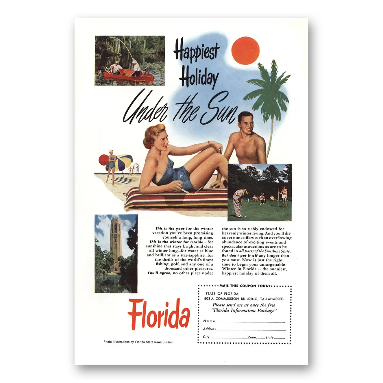 1951 Florida Happiest Holiday Under the Sun Vintage Magazine Print Ad