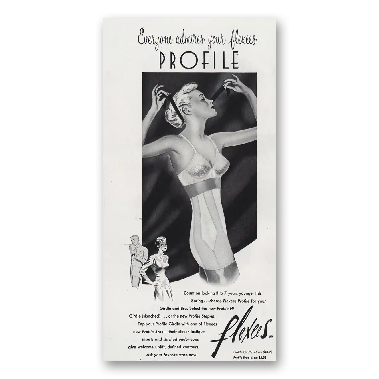 1951 Flexees Foundations Bras Girdle Everyone Admires Your Flexees Profile Vintage Magazine Print Ad