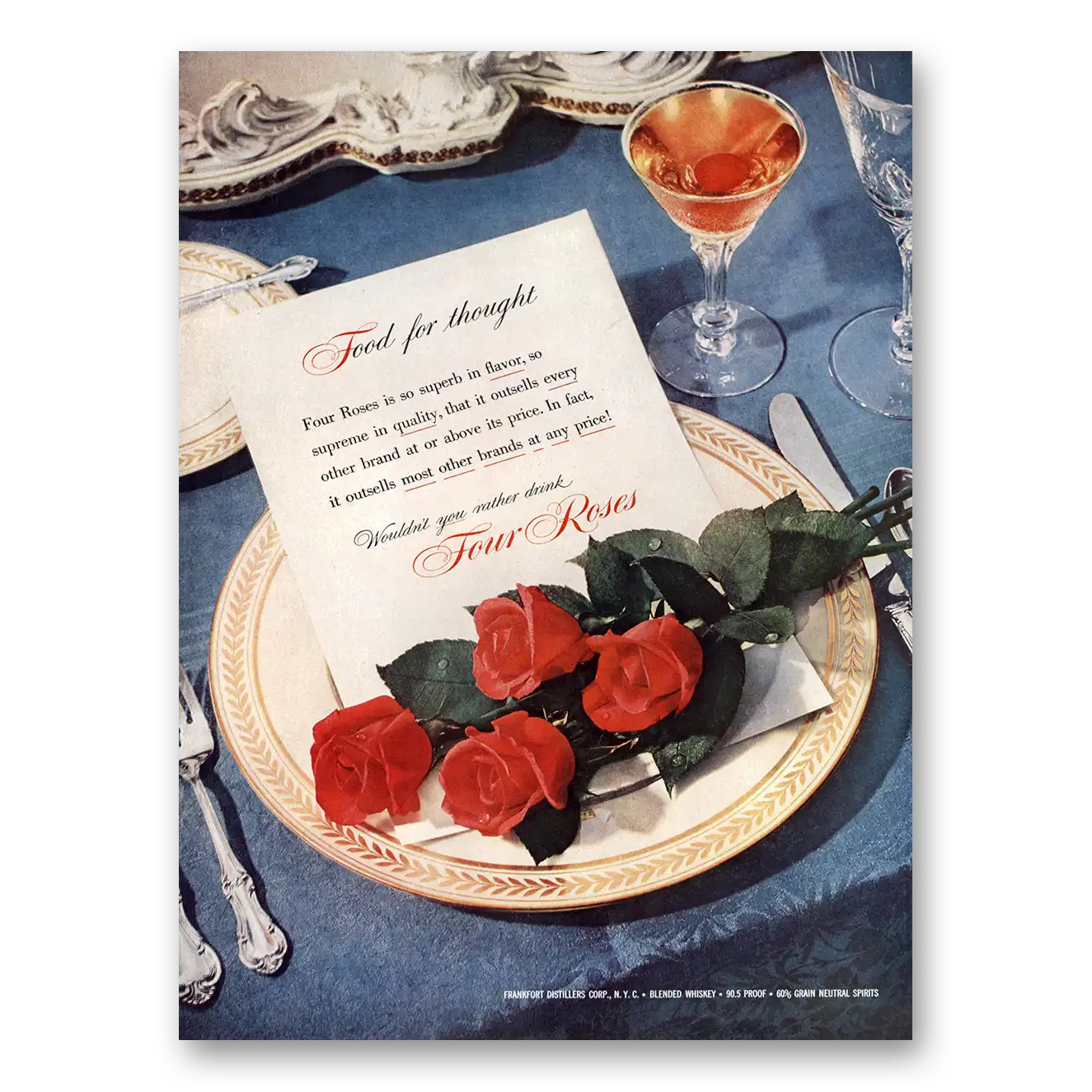 1951 Four Roses Food for Thought Vintage Magazine Print Ad