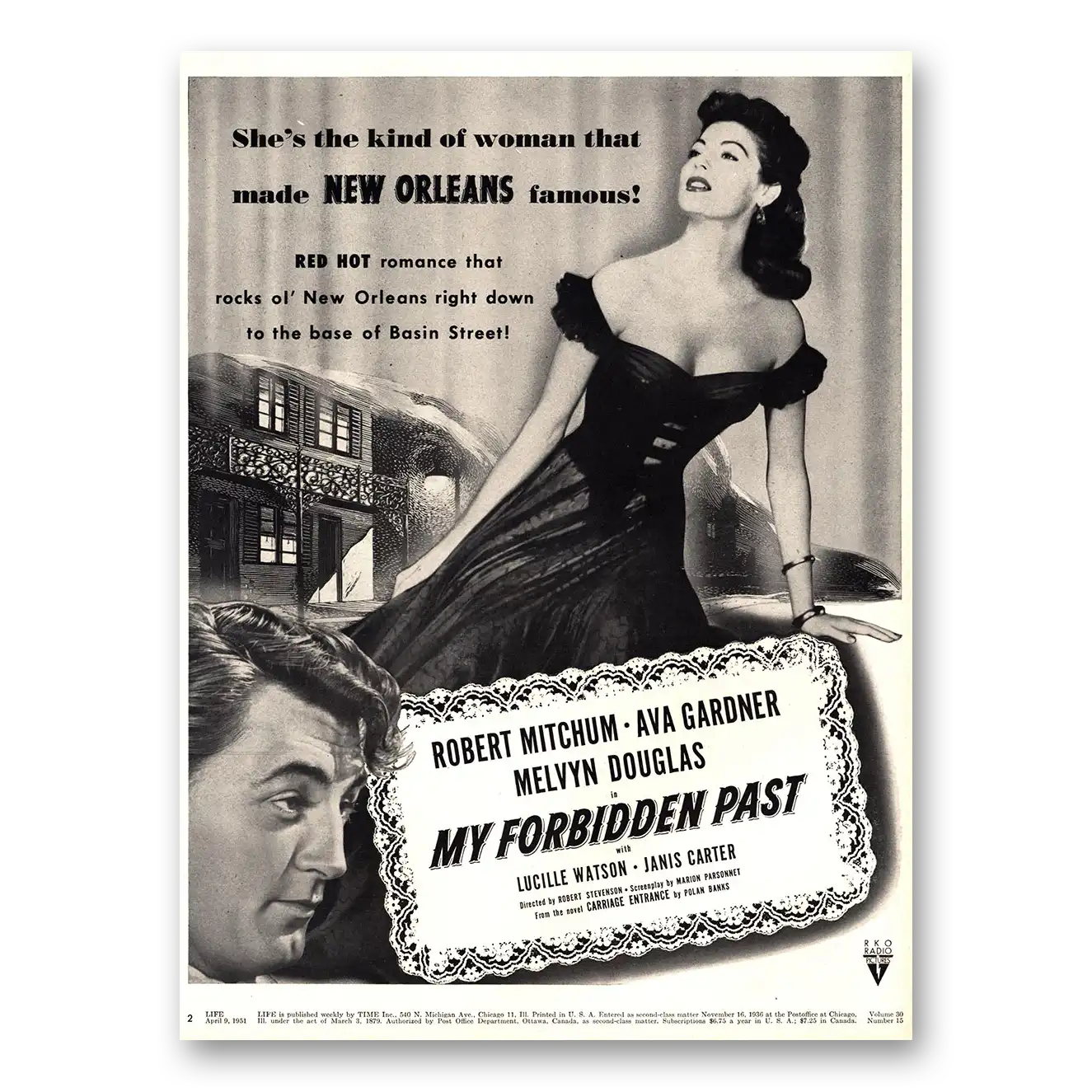 1951 My Forbidden Past Movie Promo Robert Mitchum and Ava Gardner Vintage Magazine Print Ad