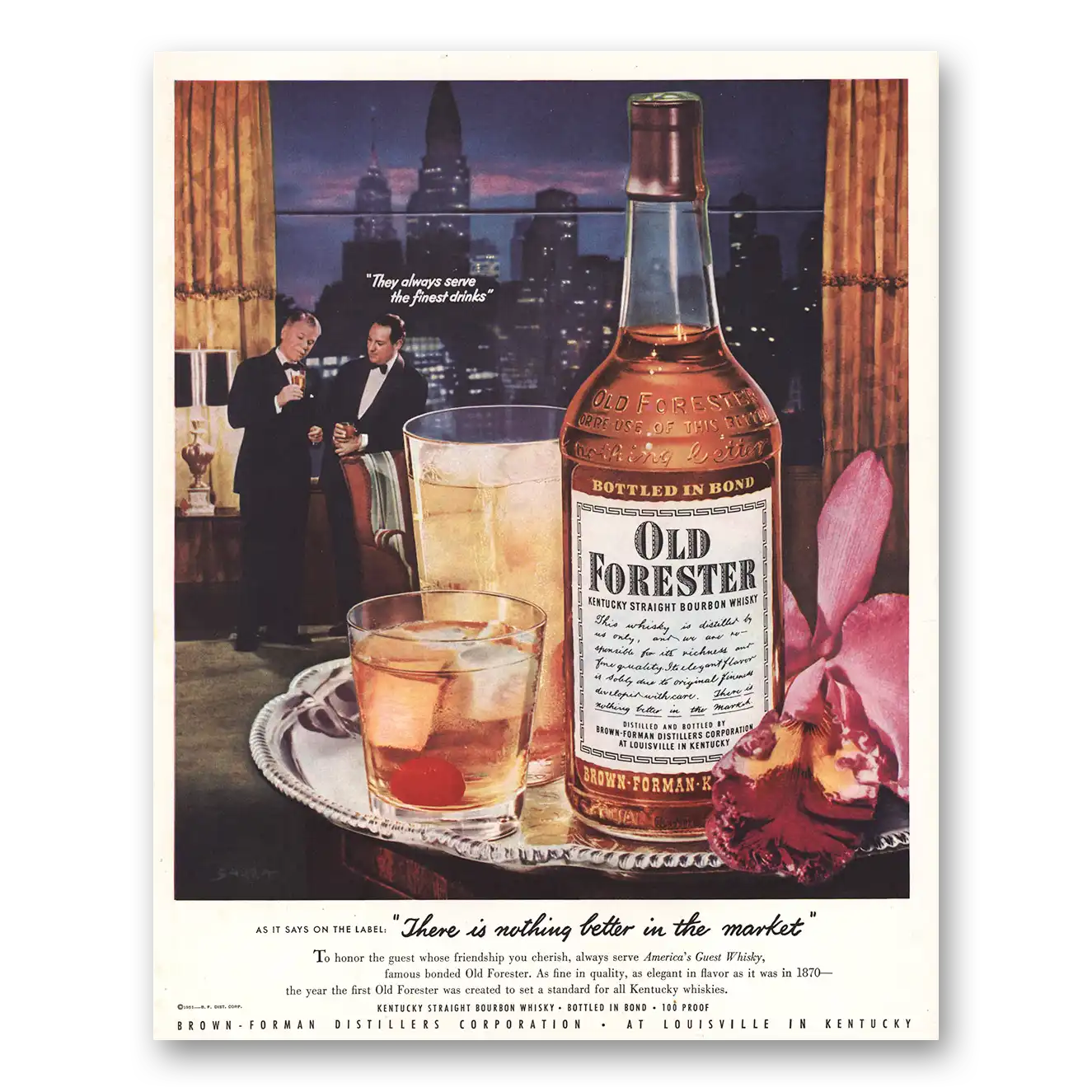 1951 Old Forester Whisky Always Serve the Finest Drinks Skyline Vintage Magazine Print Ad