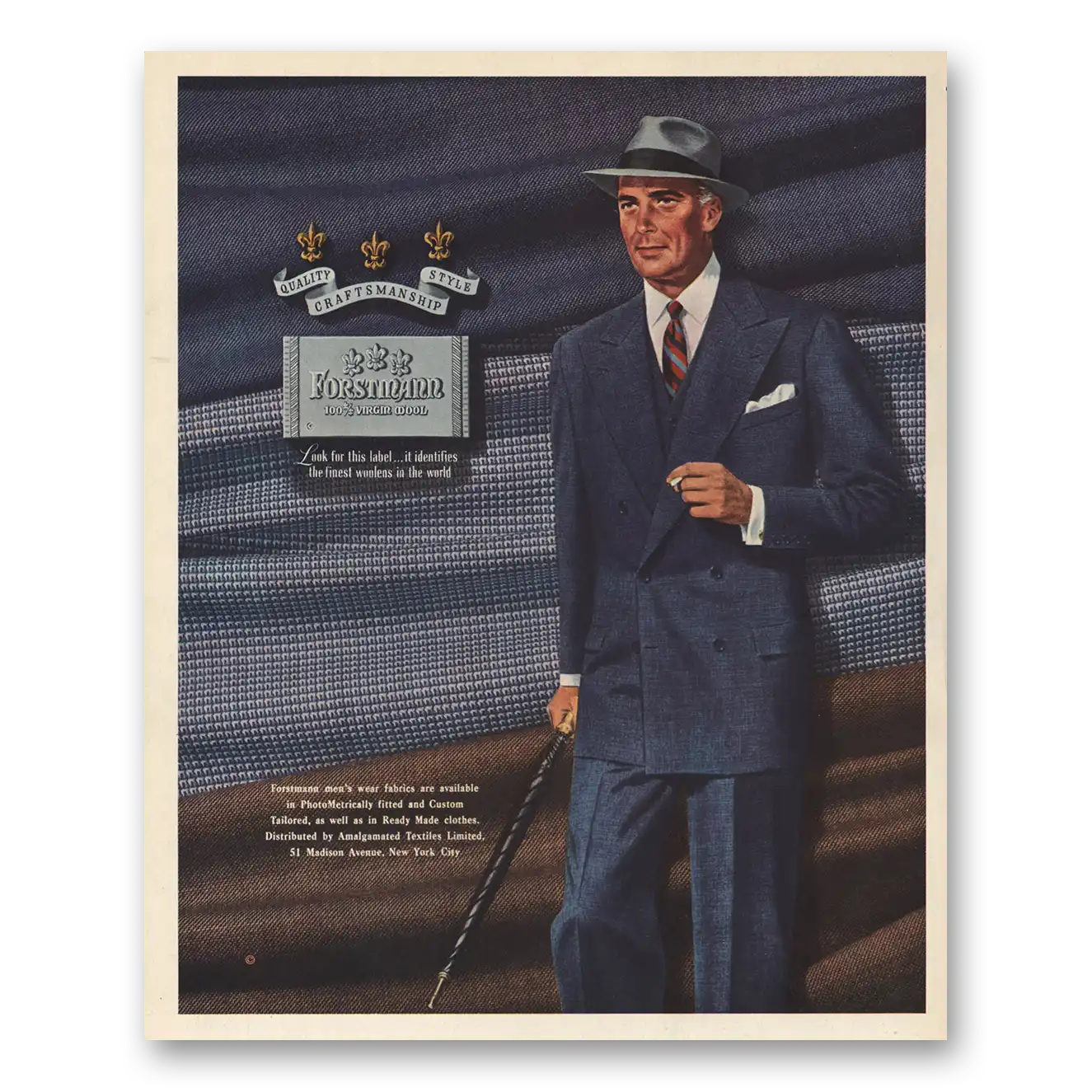 1951 Forstmann Wool Blue Suit Umbrella Vintage Magazine Print Ad