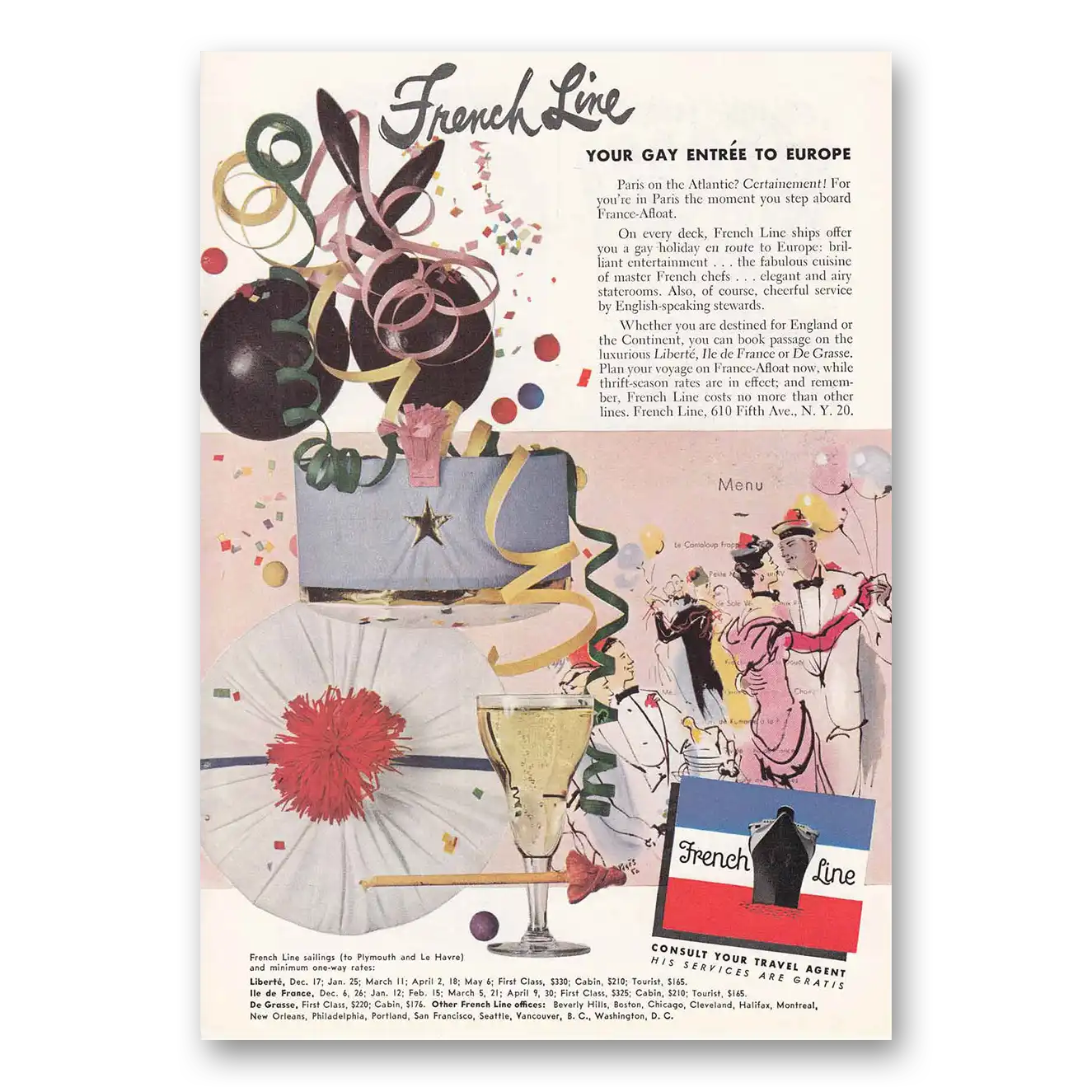 1951 French Line Gay Entree Vintage Magazine Print Ad