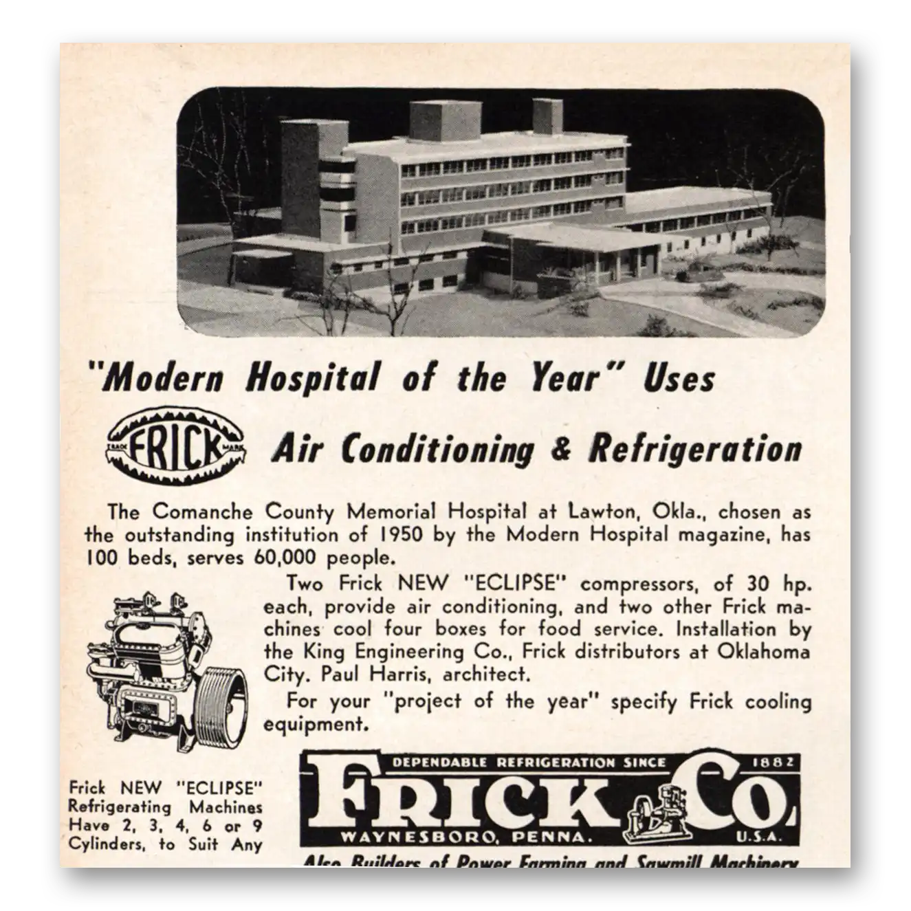 1951 Frick Air Conditioner Modern Hospital of the Year Comanche County Memorial Vintage Magazine Print Ad