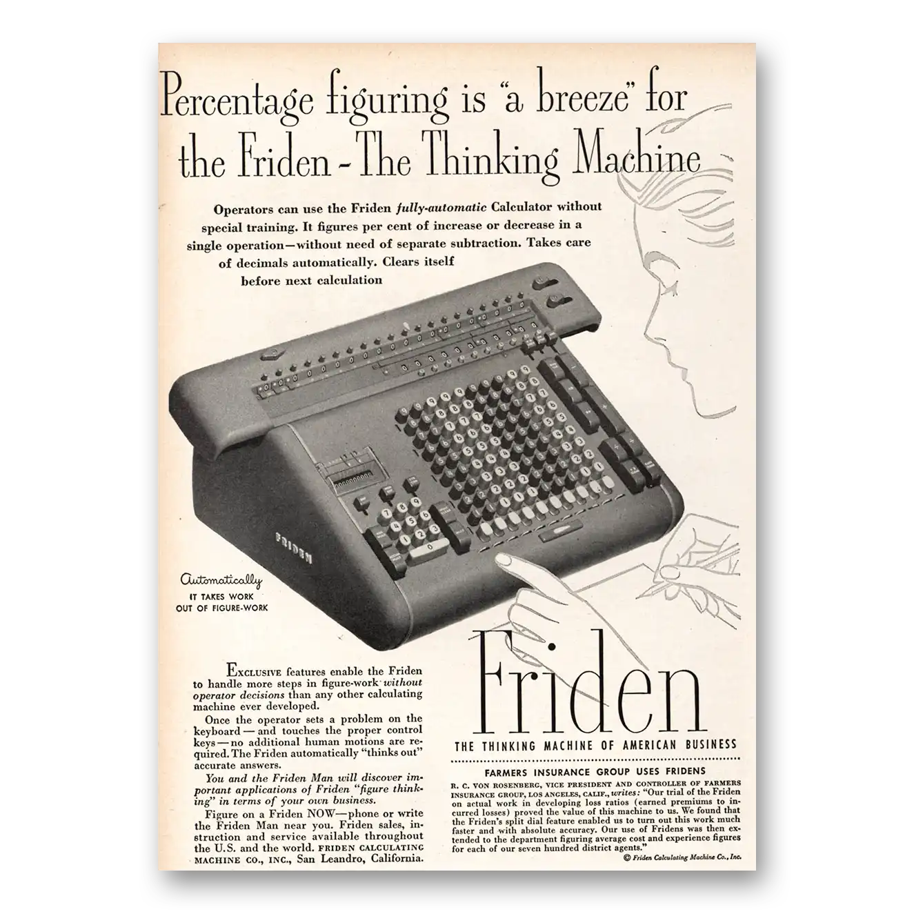 1951 Friden Calculator Thinking Machine Percentage Figuring Vintage Magazine Print Ad