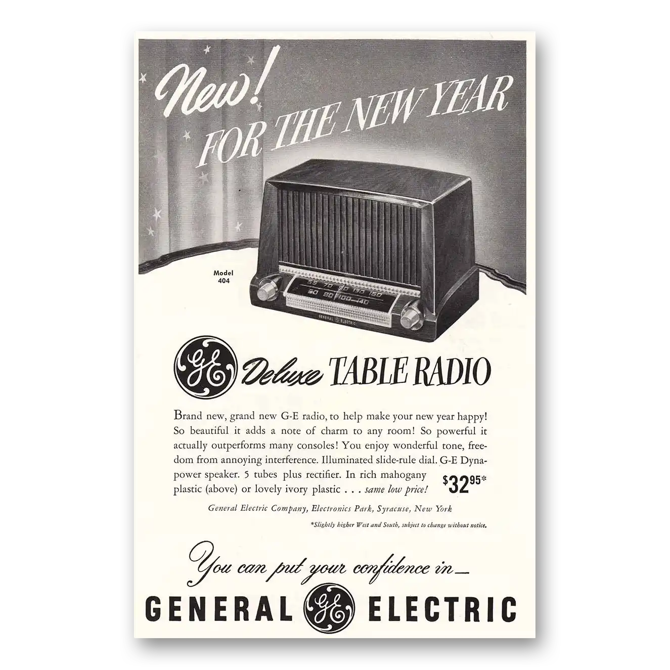 1951 General Electric Radio Deluxe Table Radio New Year Vintage Magazine Print Ad