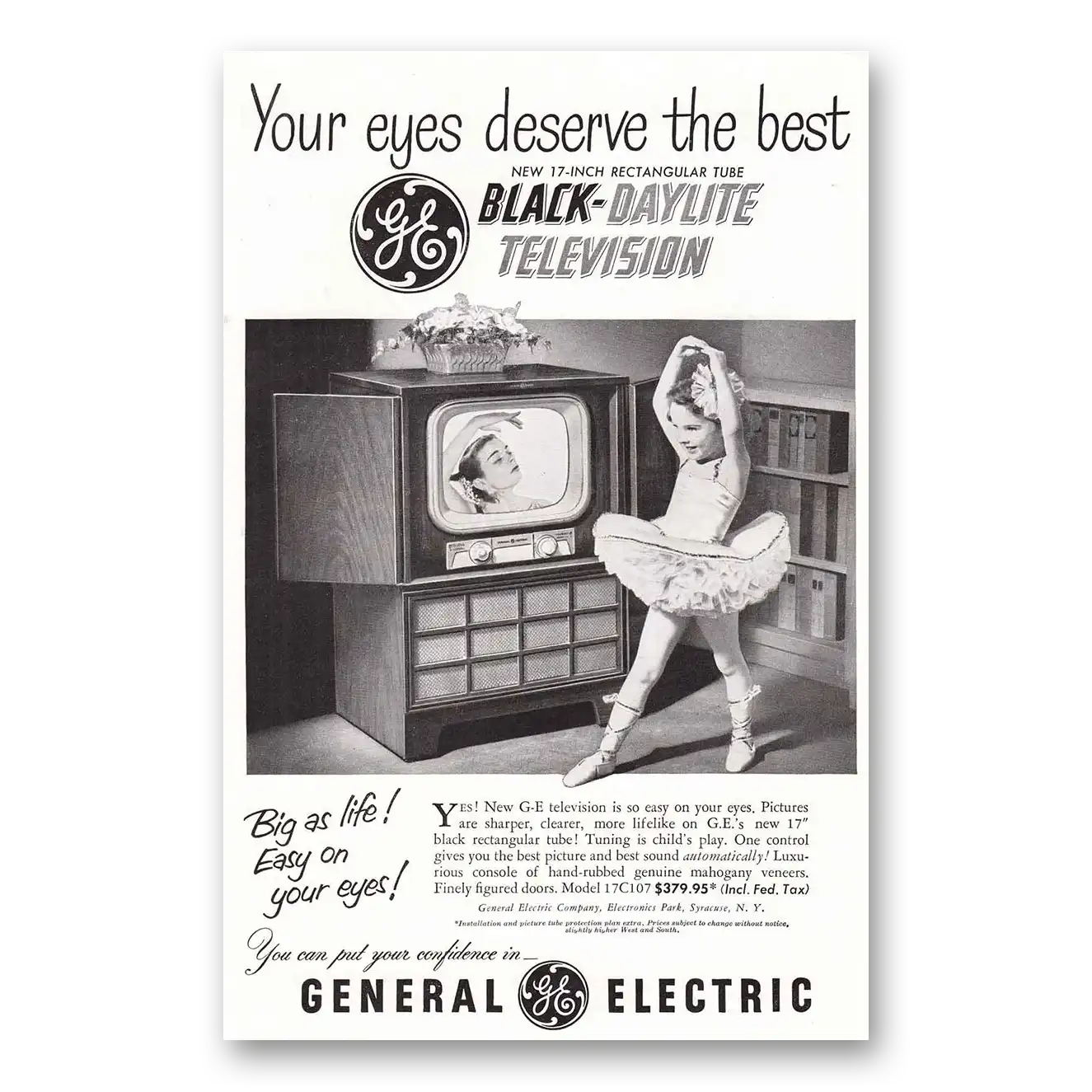 1951 General Electric Television Black Daylite Television Ballerina Vintage Magazine Print Ad