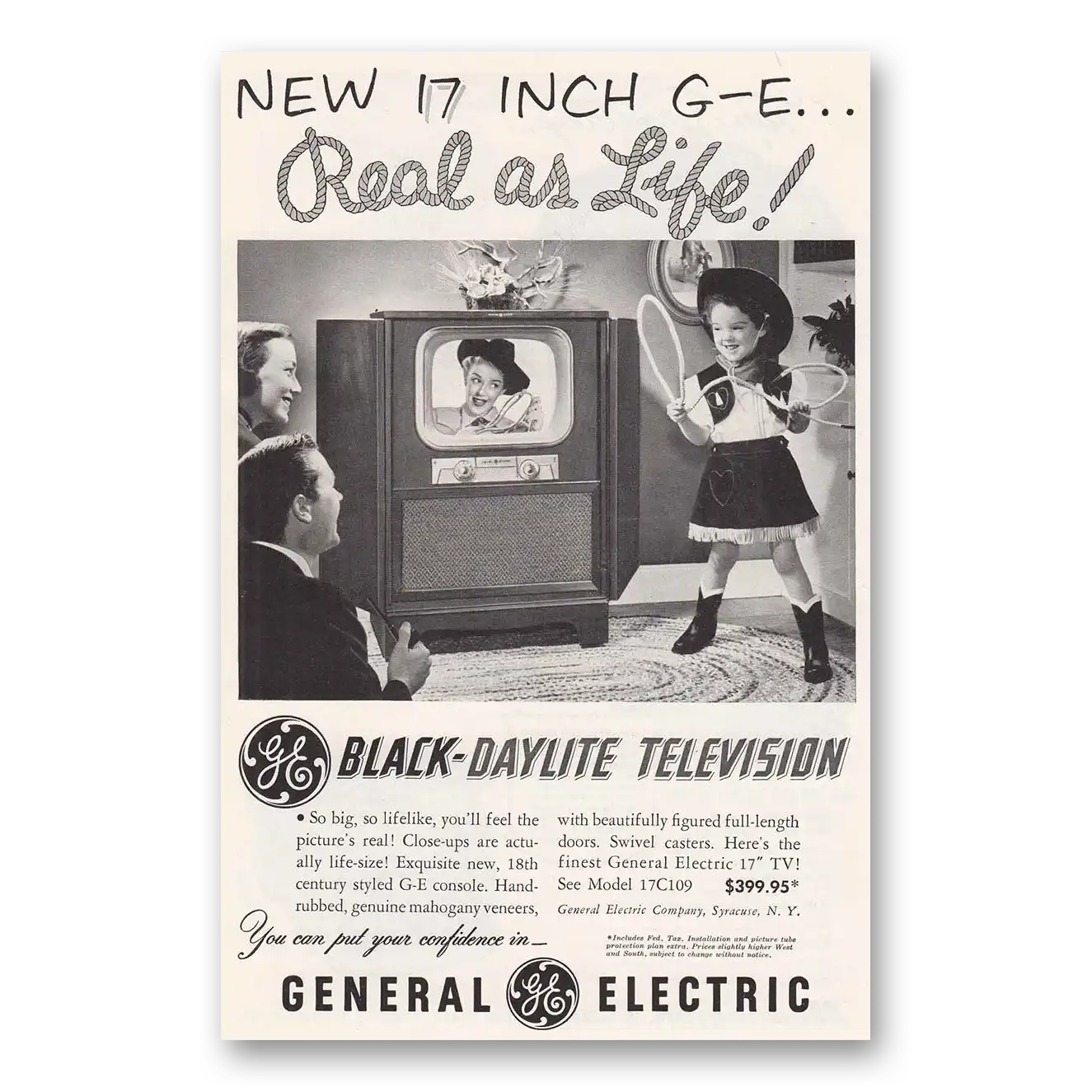 1951 General Electric Television Black Daylite Television Cowgirl Vintage Magazine Print Ad