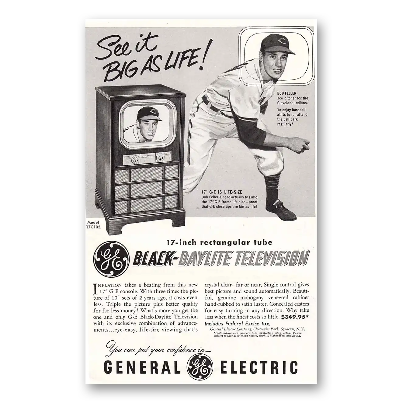 1951 General Electric Television Black Daylite Television Bob Feller Cleveland Indians Vintage Magazine Print Ad