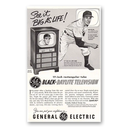 1951 General Electric Television Black Daylite Television Bob Feller Cleveland Indians Vintage Magazine Print Ad