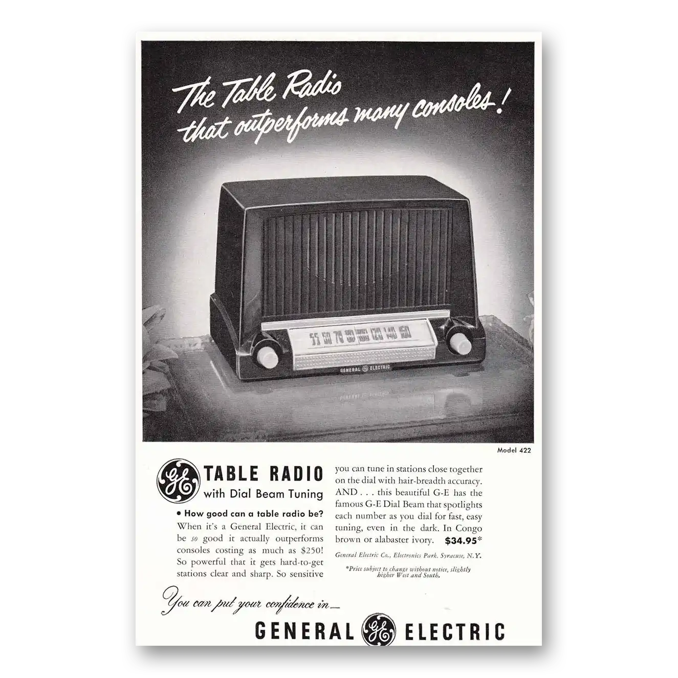 1951 General Electric Radio Table Radio Vintage Magazine Print Ad