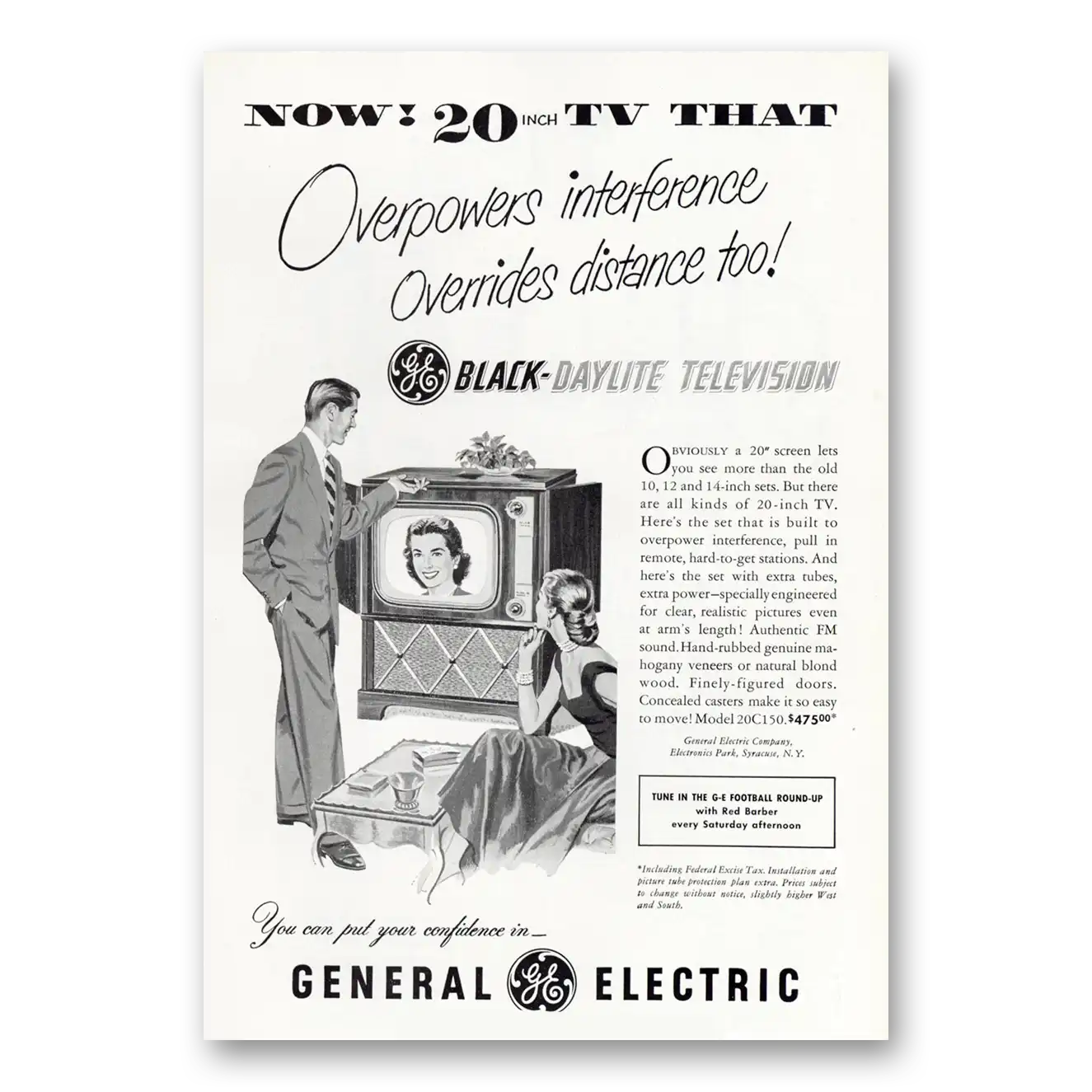 1951 General Electric Television Overpowers Interference Vintage Magazine Print Ad