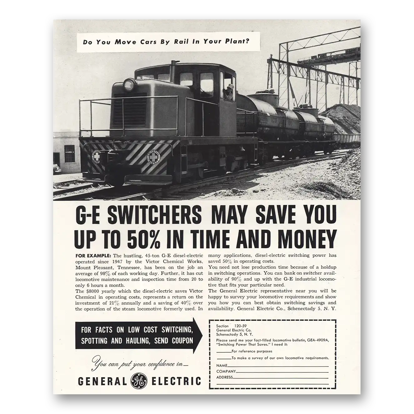 1952 General Electric Switchers Move Car By Rails Vintage Magazine Print Ad