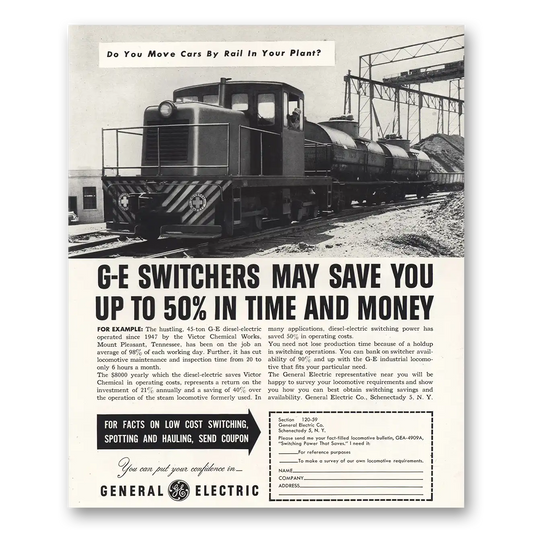 1952 General Electric Switchers Move Car By Rails Vintage Magazine Print Ad