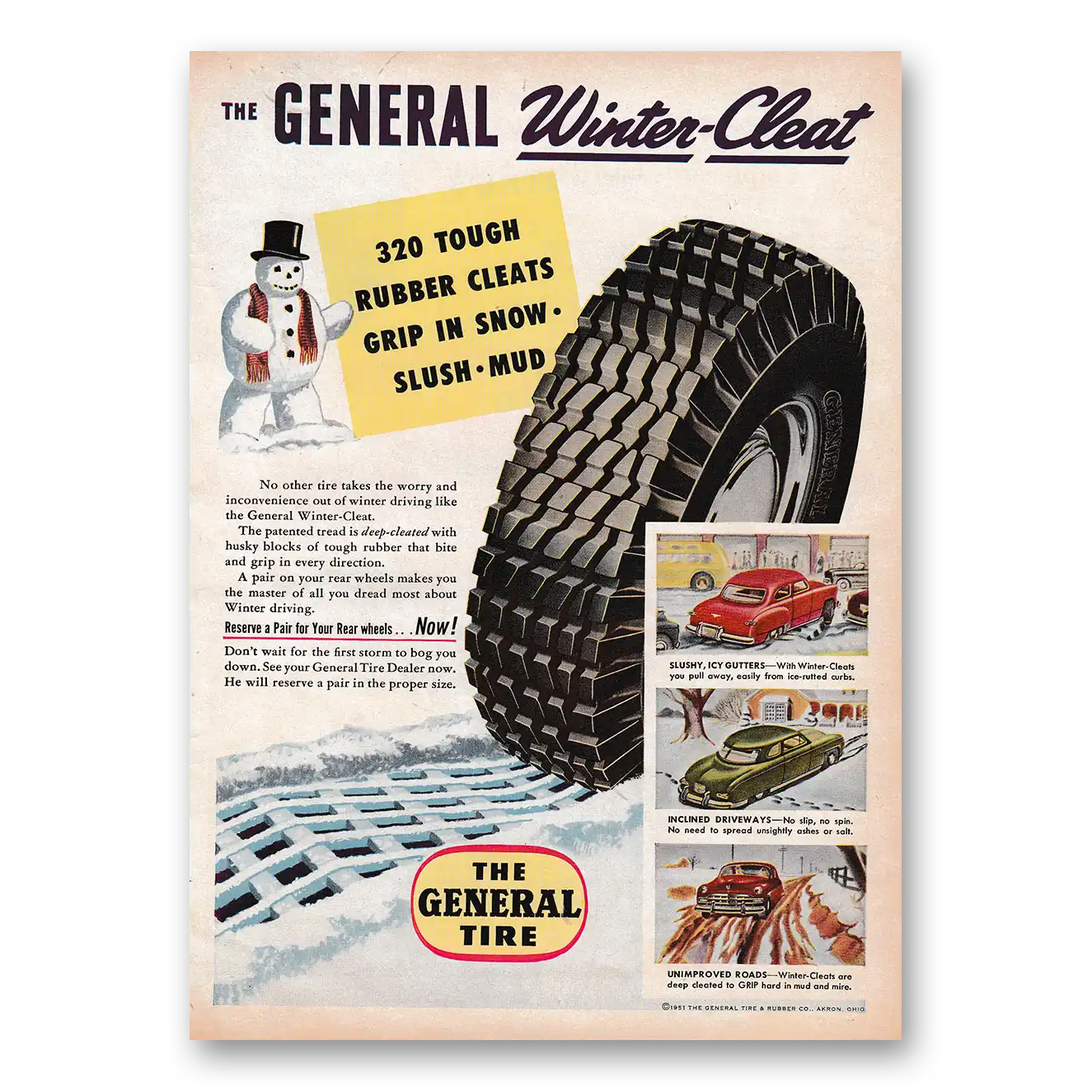 1951 General Tire Winter Cleat Vintage Magazine Print Ad