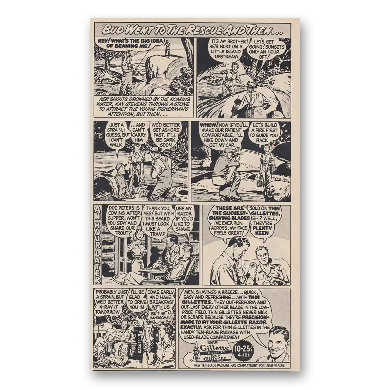 1951 Gillette Razor Bud Went To The Rescue Vintage Magazine Print Ad