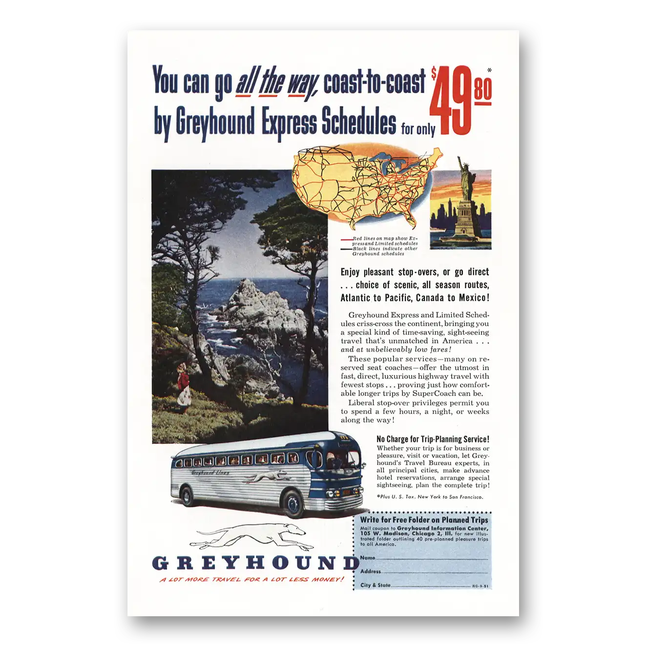 1951 Greyhound All the Way Vintage Magazine Print Ad