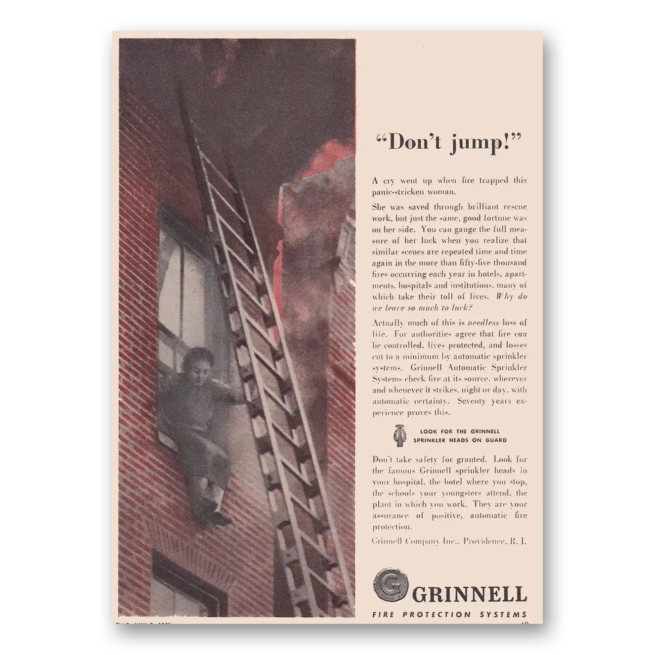 1951 Grinnell Company Fire Protection Don’t Jump Vintage Magazine Print Ad