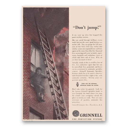 1951 Grinnell Company Fire Protection Don’t Jump Vintage Magazine Print Ad