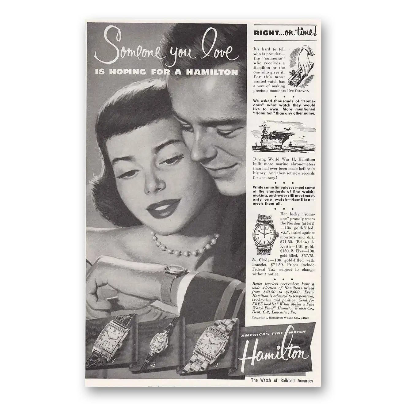 1951 Hamilton Watch Someone You Love Is Hoping Vintage Magazine Print Ad