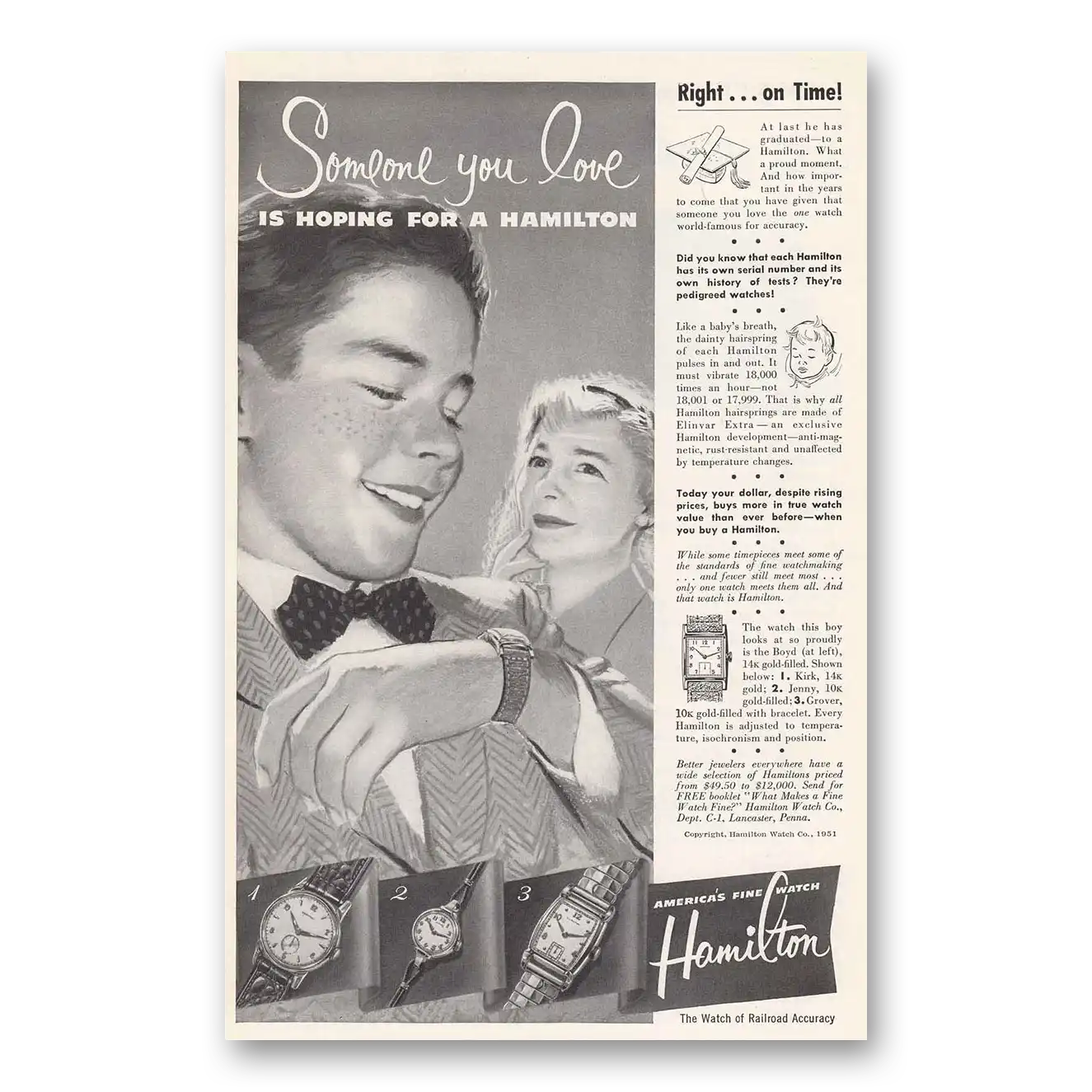 1951 Hamilton Watch Right On Time Graduation Vintage Magazine Print Ad