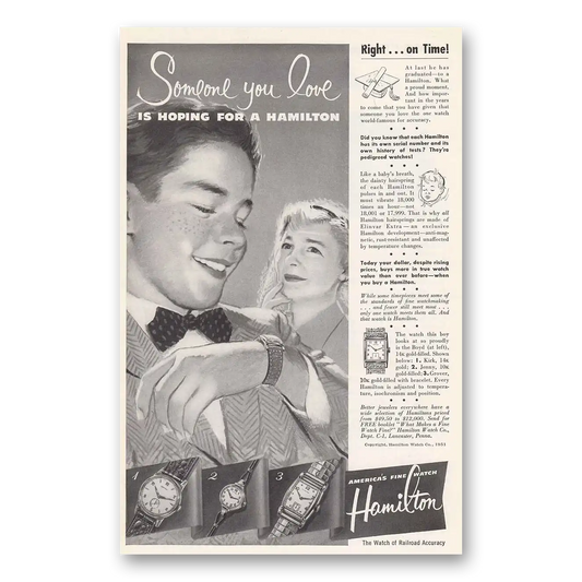 1951 Hamilton Watch Right On Time Graduation Vintage Magazine Print Ad