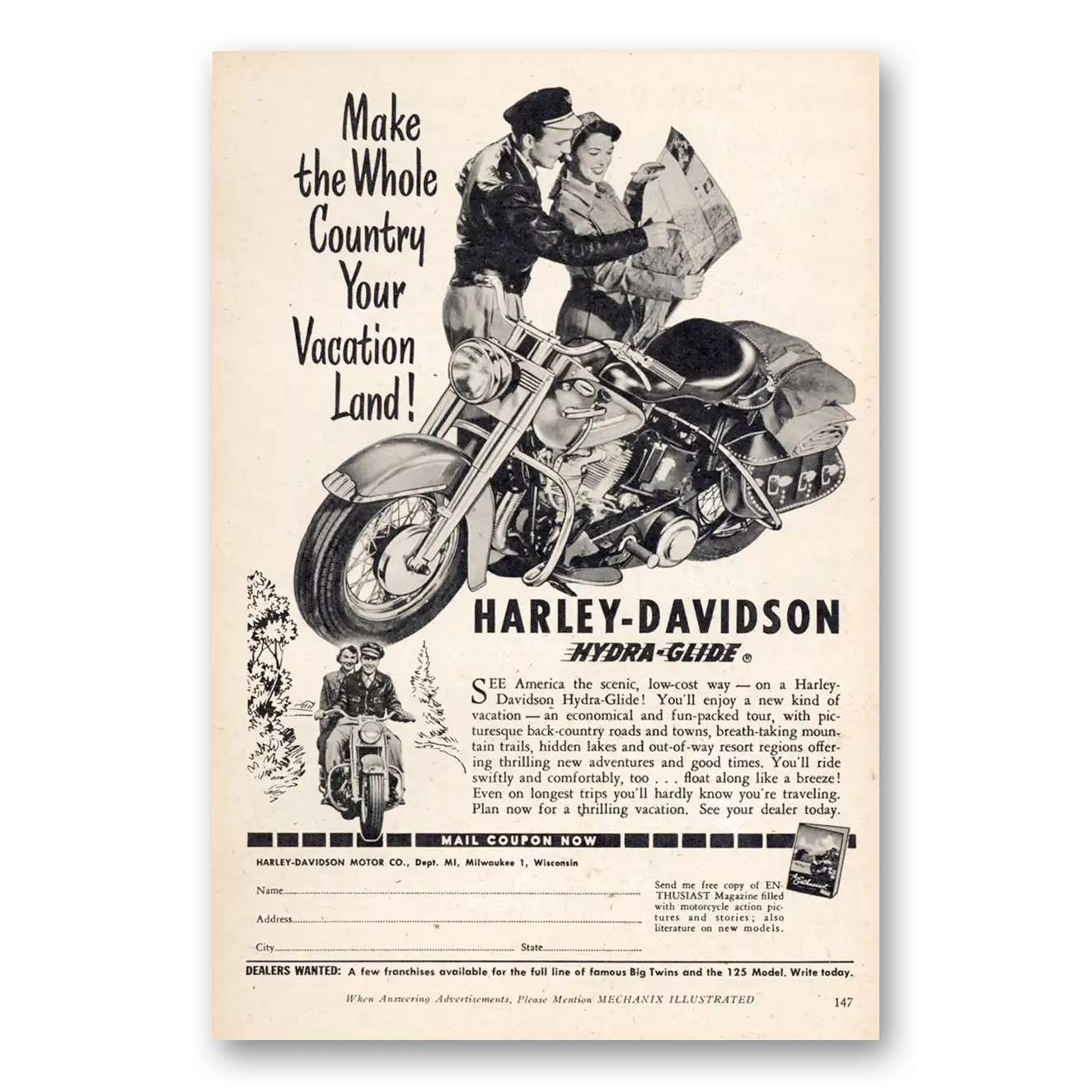 1951 Harley Davidson Hydra Glide Make the Whole Country Your Vacation Land Vintage Magazine Print Ad