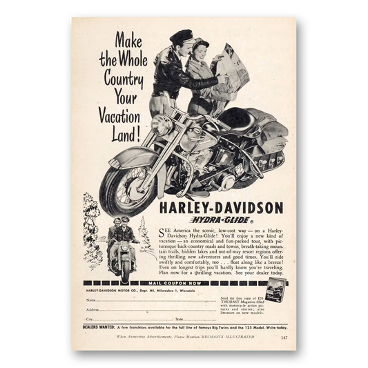 1951 Harley Davidson Hydra Glide Make the Whole Country Your Vacation Land Vintage Magazine Print Ad