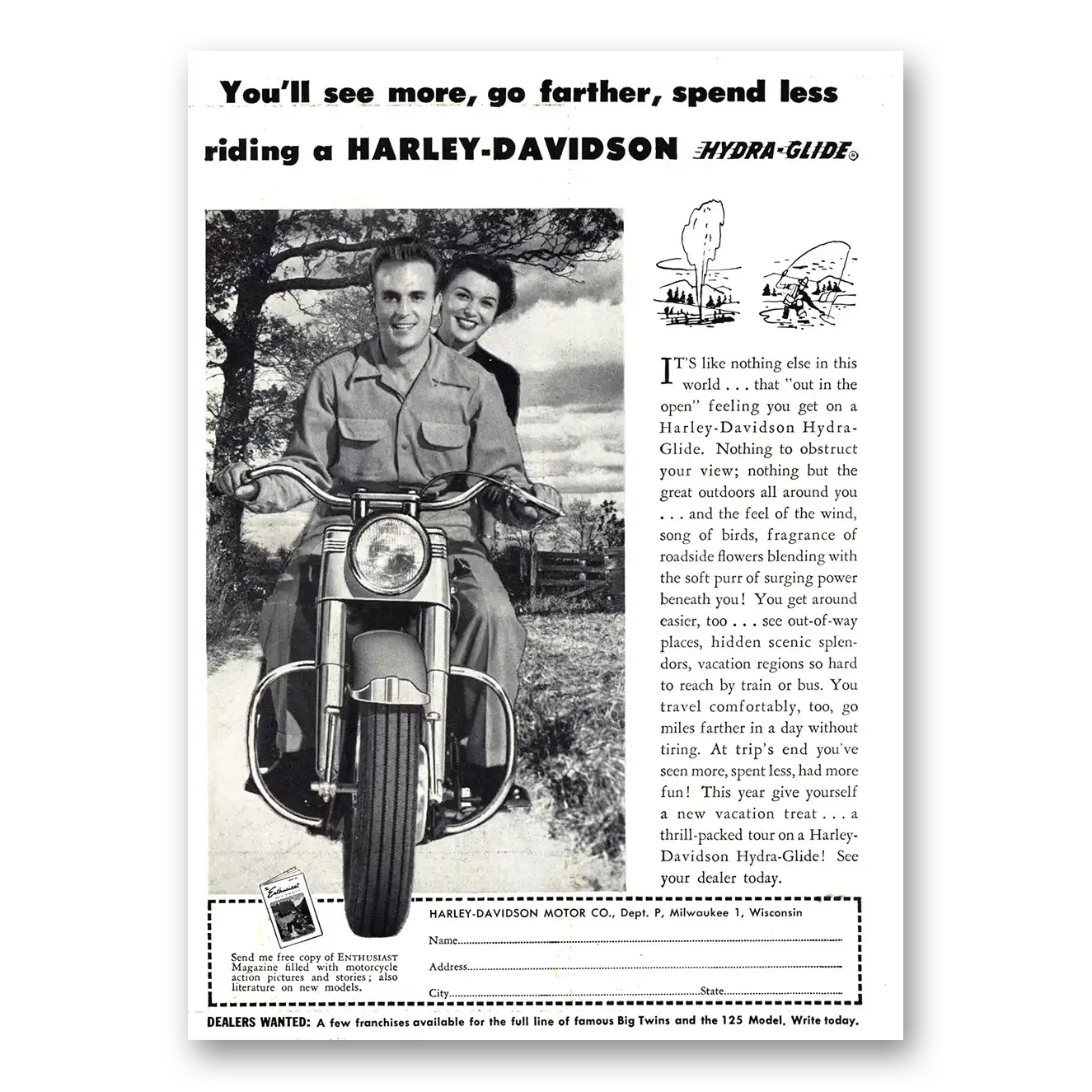 1951 Harley Davidson See More Go Farther Vintage Magazine Print Ad