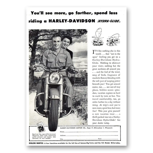 1951 Harley Davidson See More Go Farther Vintage Magazine Print Ad