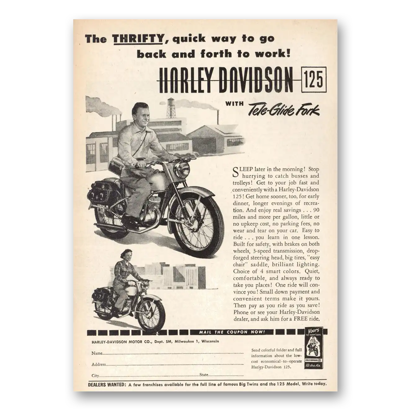 1951 Harley Davidson 125 Tele Glide Fork Back and Forth to Work Vintage Magazine Print Ad