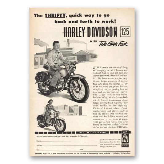 1951 Harley Davidson 125 Tele Glide Fork Back and Forth to Work Vintage Magazine Print Ad