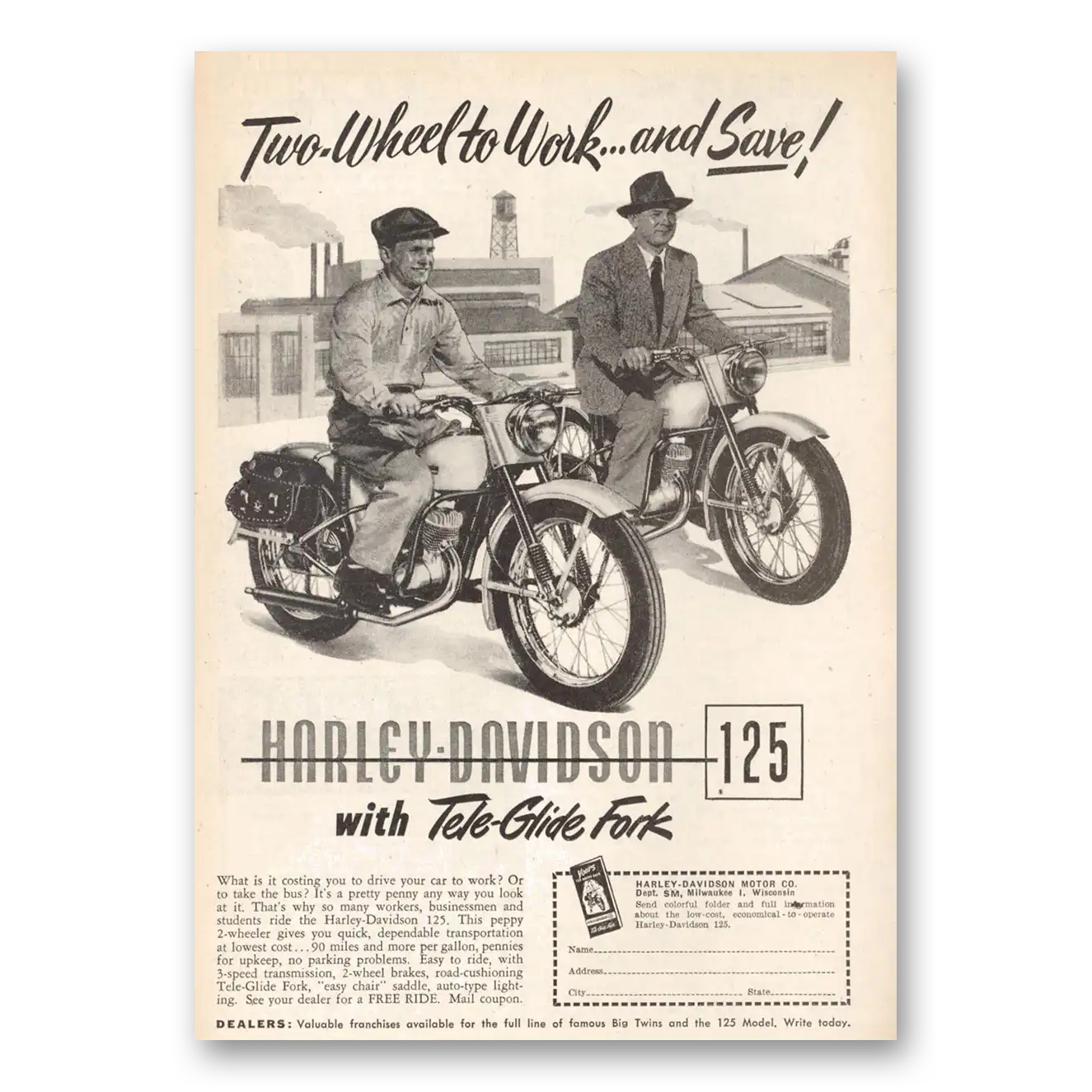 1951 Harley Davidson 125 Two Wheel to Work Vintage Magazine Print Ad