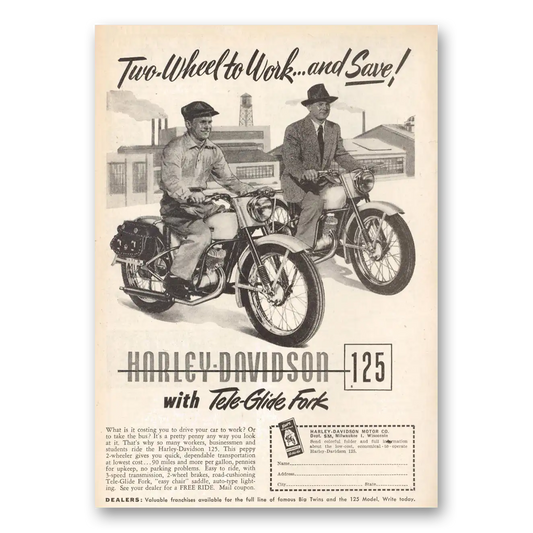 1951 Harley Davidson 125 Two Wheel to Work Vintage Magazine Print Ad