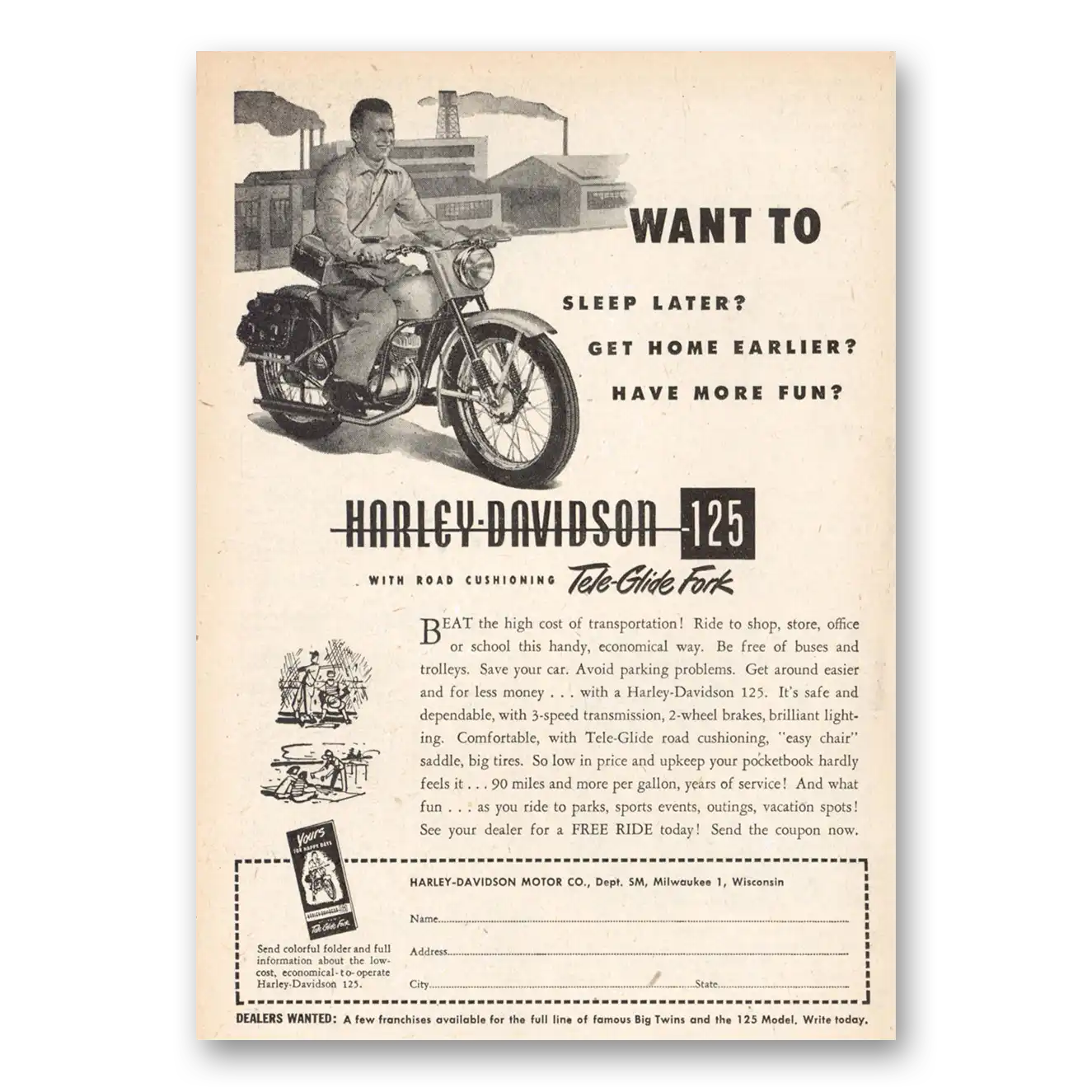 1951 Harley Davidson 125 Want to Sleep Later Vintage Magazine Print Ad