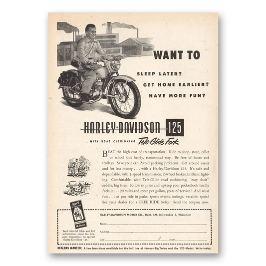 1951 Harley Davidson 125 Want to Sleep Later Vintage Magazine Print Ad