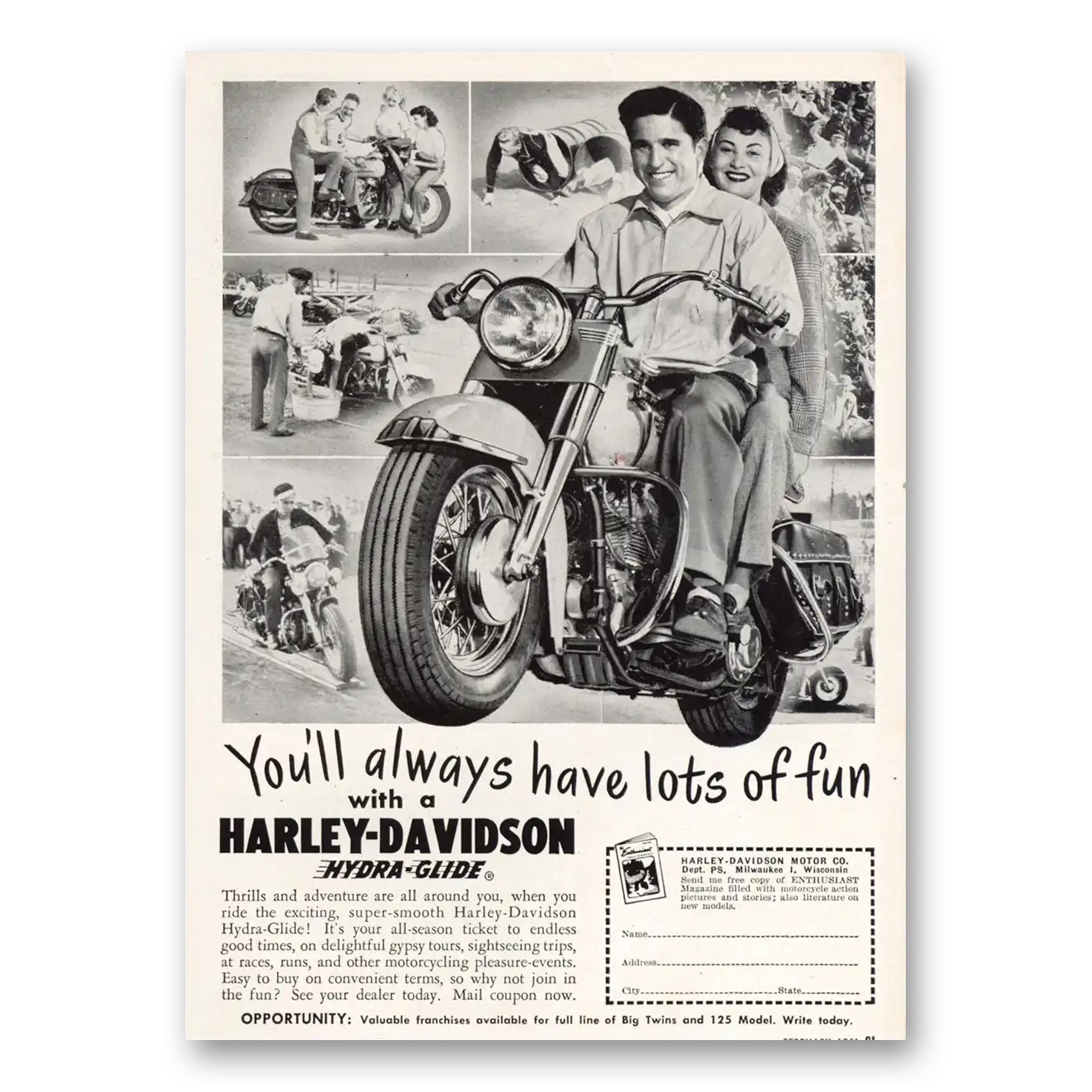 1951 Harley Davidson Hydra Glide Always Have Lots of Fun Vintage Magazine Print Ad