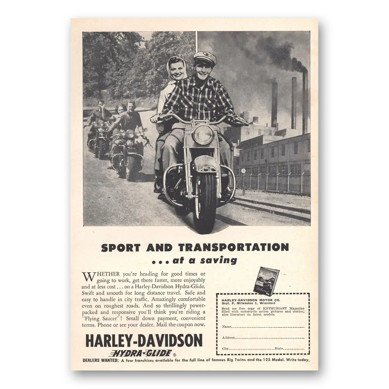 1951 Harley Davidson Sport and Transportation Vintage Magazine Print Ad